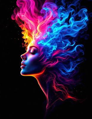 The primary subject of the image is a woman with a colorful, rainbow-colored head. The setting is a dark background, which contrasts with the vibrant colors of the woman's head. The visual style is a digital art or illustration, as the colors and mood are lively and energetic.